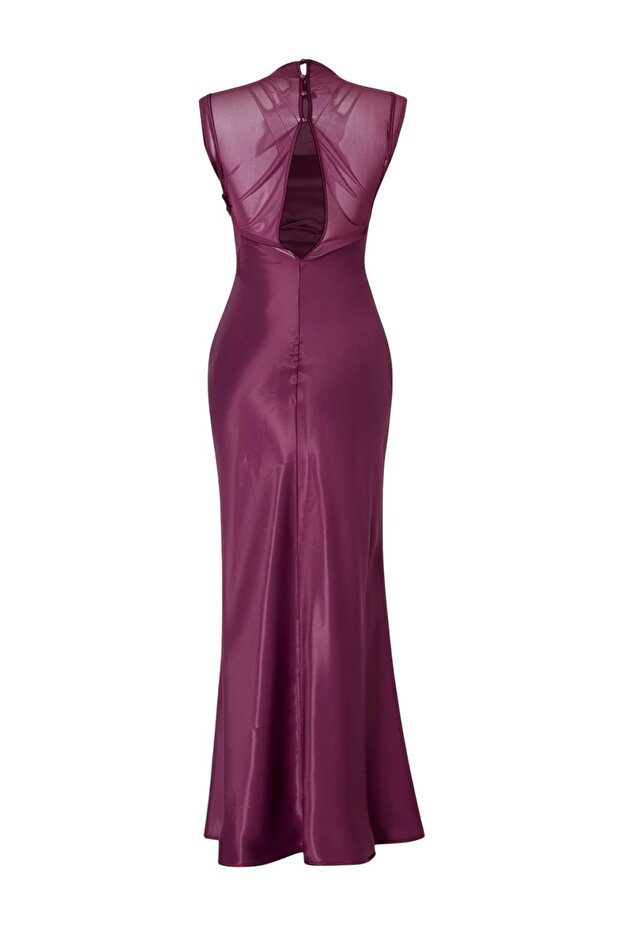 Mürdüm Düz Saten Maxi Abiye & Mezuniyet Elbisesi TPRSS26AE00168 - 5