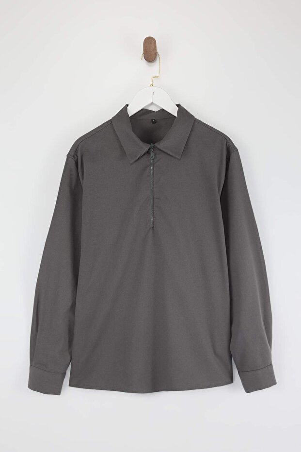 Antrasit Regular Fit Gabardin Polo Yaka Erkek Gömlek TMNSS26GO00003 - 4