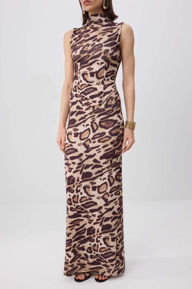 Kahverengi Leopar Desen Korse Detay Sandy Maxi Astarsız Party Elbise TPRSS26EL00223 - 3