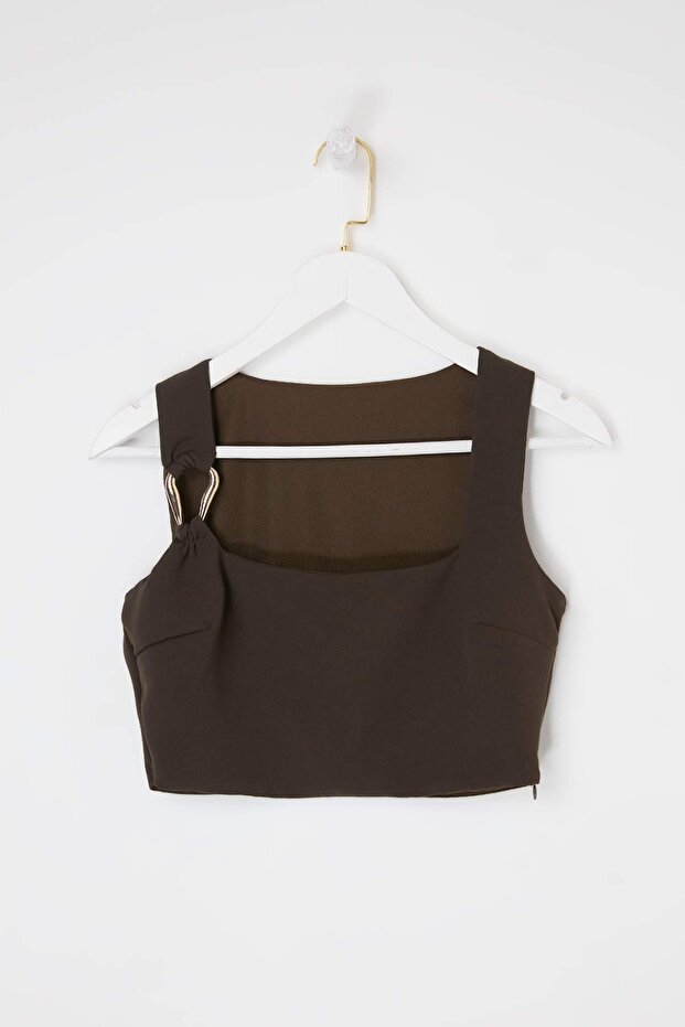 Kahverengi Kare Yaka Fitted Crop Bluz TWOSS26BZ00659 - 5