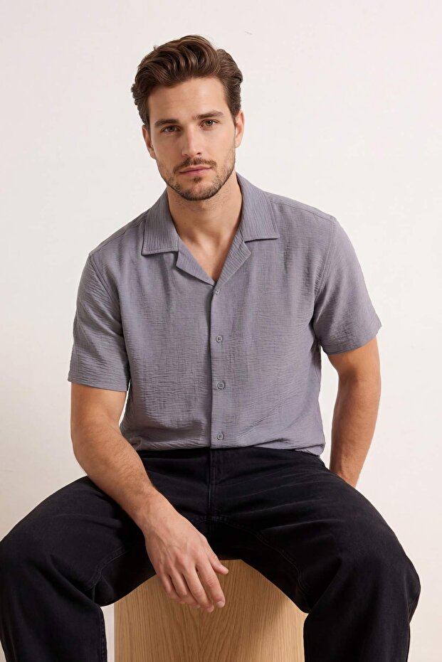 Açık Mavi Oversize Fit Yazlık Kısa Kollu Keten Görünümlü Gömlek TMNSS24GO00019 - 2