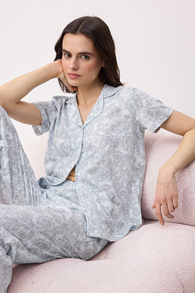 Mavi %100 Pamuklu Etnik Desenli Alt Kapri Örme Pijama Takımı THMSS26PT00158 - 1