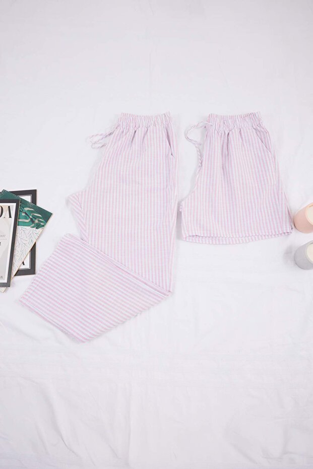 Pembe Çizgili Şort-Pantolon Paket Dokuma Büyük Beden Pijama Altı TBBSS26IA00009 - 4