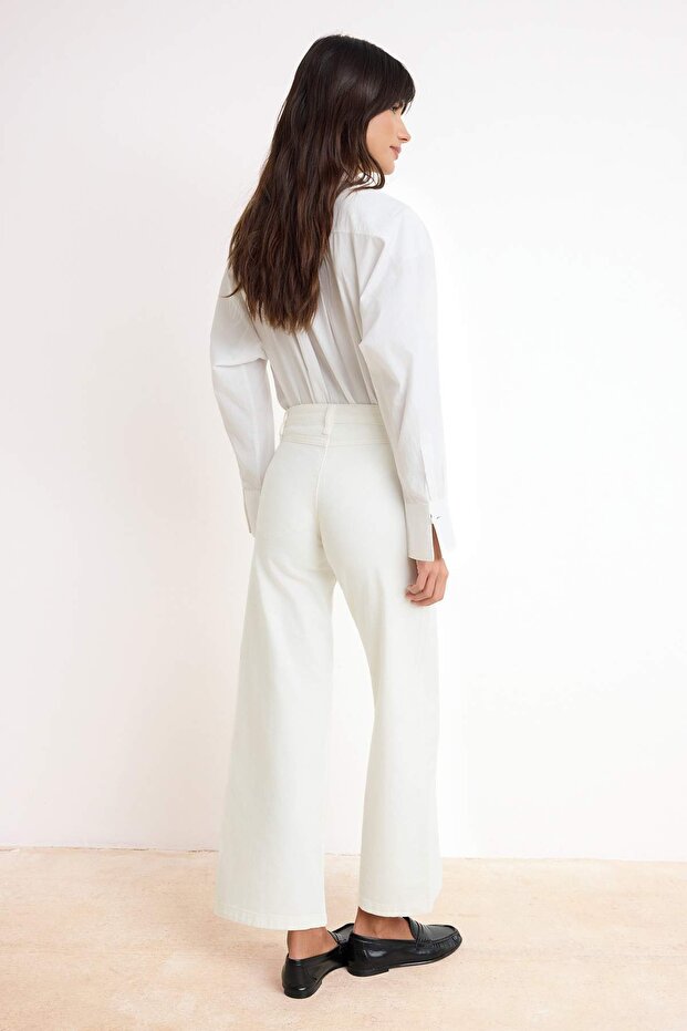 Beyaz Yüksek Bel Dikiş Detaylı Ekstra Esnek Wide Leg Geniş Paça Jeans TWOSS26JE00024 - 4