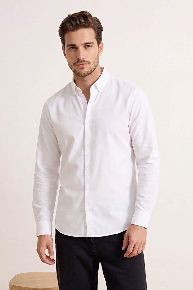 Beyaz Normal Kalıp/Regular Fit Keten Görünümlü Mevsimlik Erkek Dokuma Gömlek TMNSS26GO00008 - 5