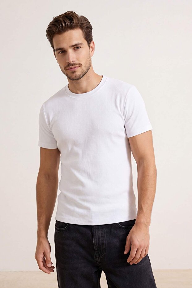 Beyaz Wardrobe Essentials Regular/Normal Kesim Dokulu Kaşkorse Basic T-Shirt TMNSS26TS00002 - 3