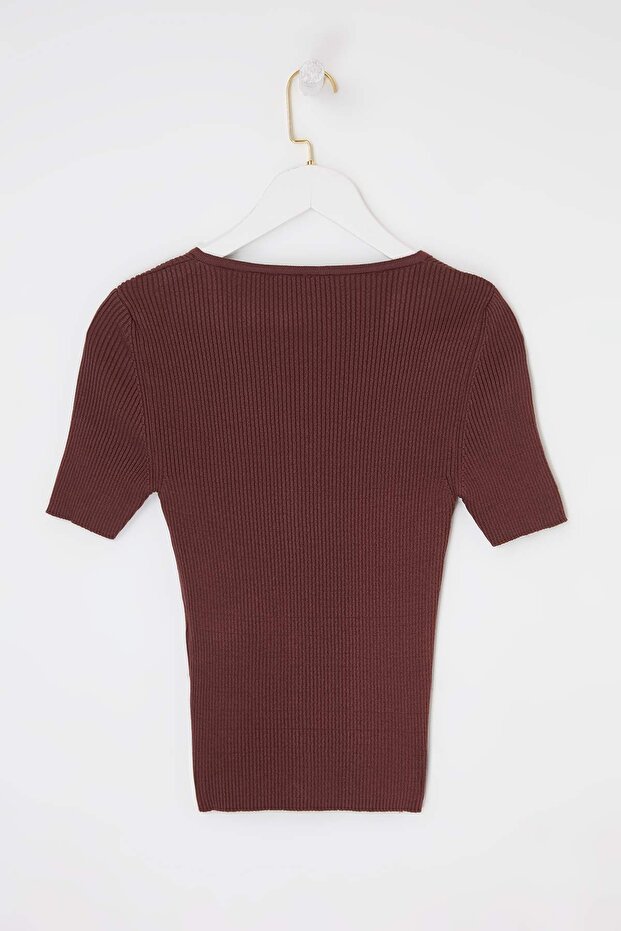 Kahverengi More Sustainable Basic V Yaka Triko Bluz TWOSS26BZ00504 - 6