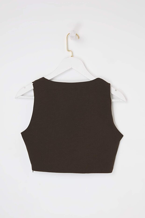 Kahverengi Kare Yaka Fitted Crop Bluz TWOSS26BZ00659 - 6