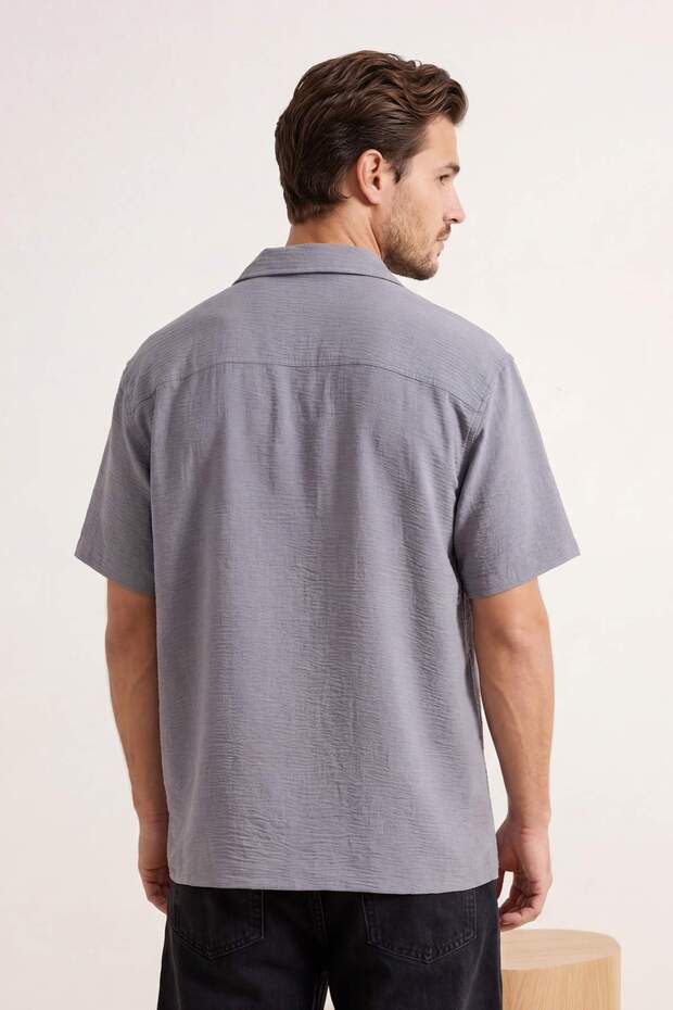 Açık Mavi Oversize Fit Yazlık Kısa Kollu Keten Görünümlü Gömlek TMNSS24GO00019 - 3