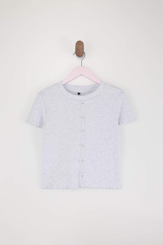 Gri Kız Çocuk Kaşkorse Düğmeli Örme T-Shirt TKDSS26TS00034 - 6