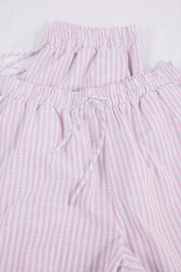 Pembe Çizgili Şort-Pantolon Paket Dokuma Büyük Beden Pijama Altı TBBSS26IA00009 - 6