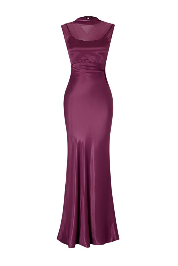 Mürdüm Düz Saten Maxi Abiye & Mezuniyet Elbisesi TPRSS26AE00168 - 4