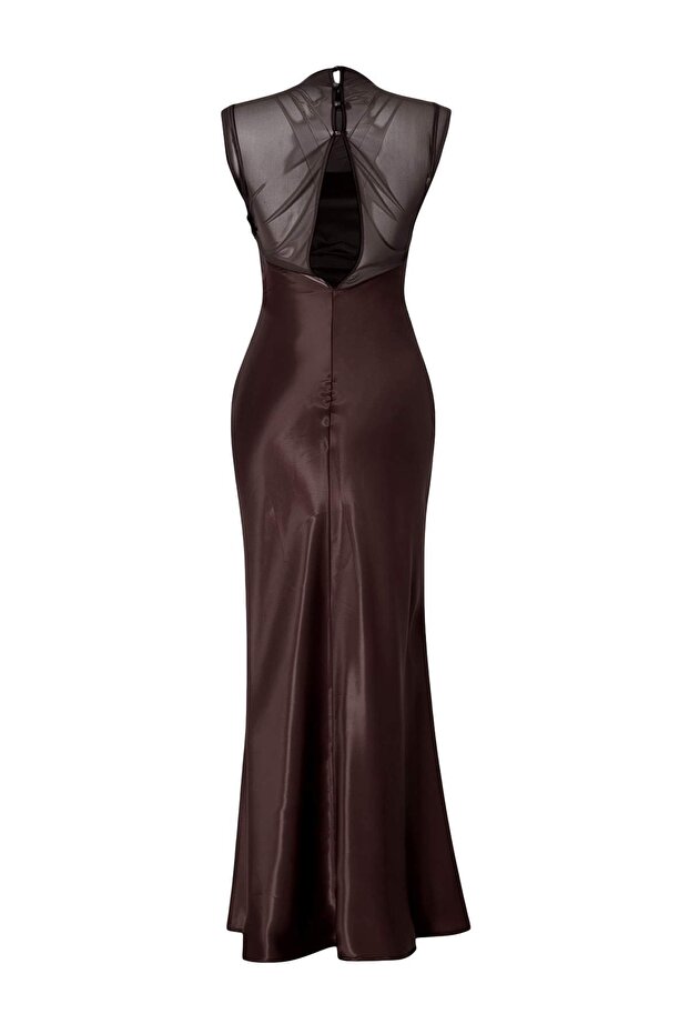 Kahverengi Düz Saten Maxi Abiye & Mezuniyet Elbisesi TPRSS26AE00168 - 5
