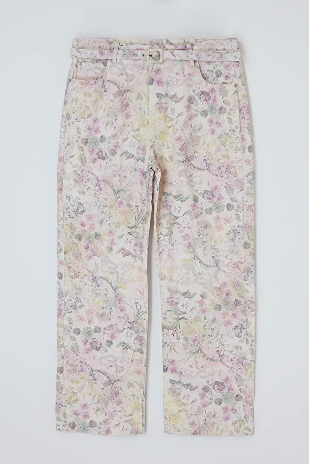 Çok Renkli Kemerli Çiçek Desenli %100 Pamuk Non-Stretch Wide Leg/Geniş Paça Jeans TBBSS26CJ00037 - 3
