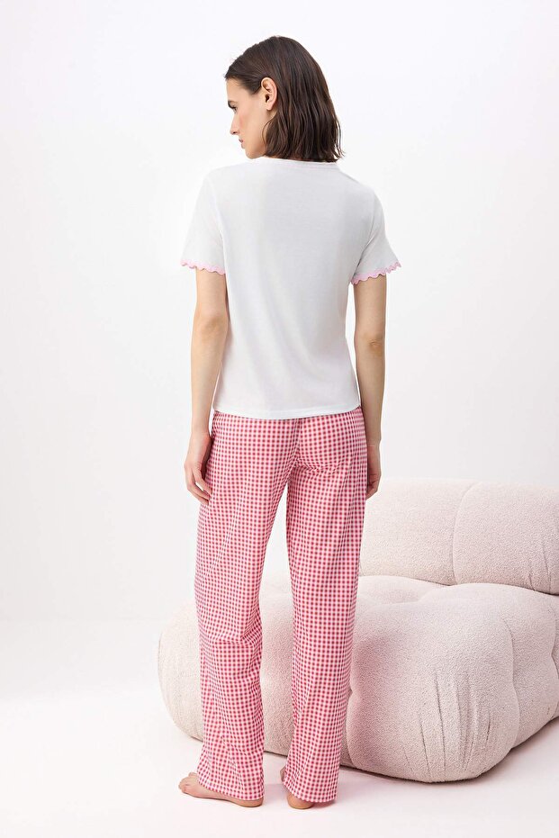 Kırmızı Ekoseli Kalpli Şerit Detaylı Örme Pijama Takımı THMSS26PT00063 - 4