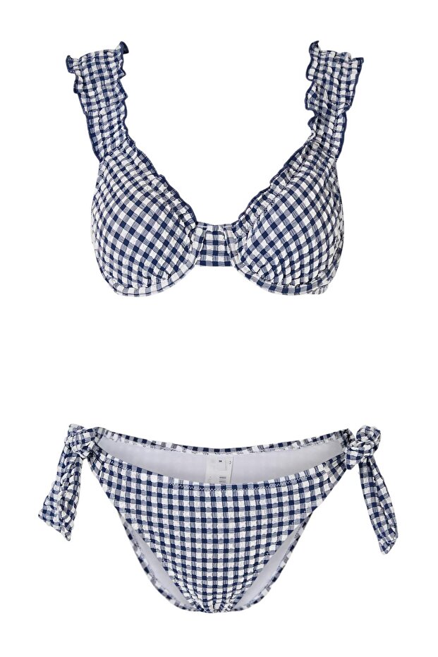 Ekose Desenli Fırfırlı Balconette Kaplı Brazilian Normal Bel Bikini Takımı TBESS25BT00035 - 5