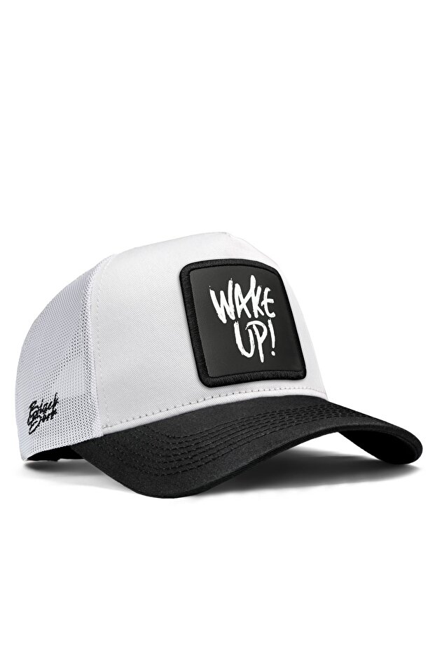 V1 Trucker Wake Up - قبعة بيضاء بحافة سوداء للجنسين مع 3 شعارات رمزية (قبعة)