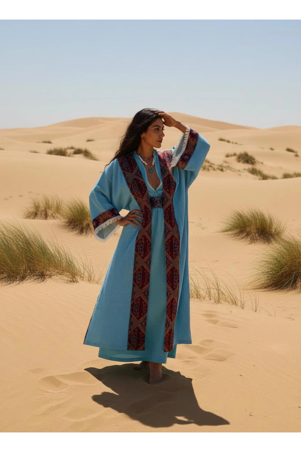 قفطان منسوج من تارسوس كيليم مع حواف / لون فيروزي