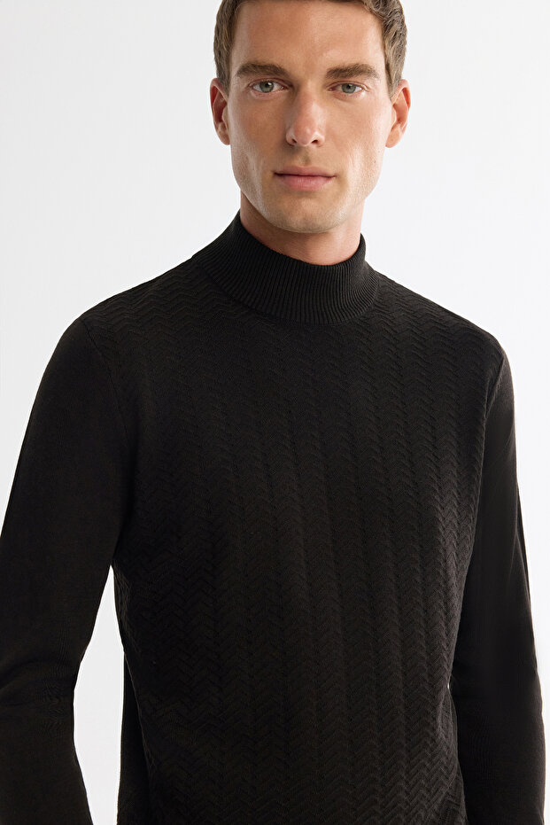 سترة رجالية سوداء بنصف ياقة صياد ونسيج أساسي E005108 - 2