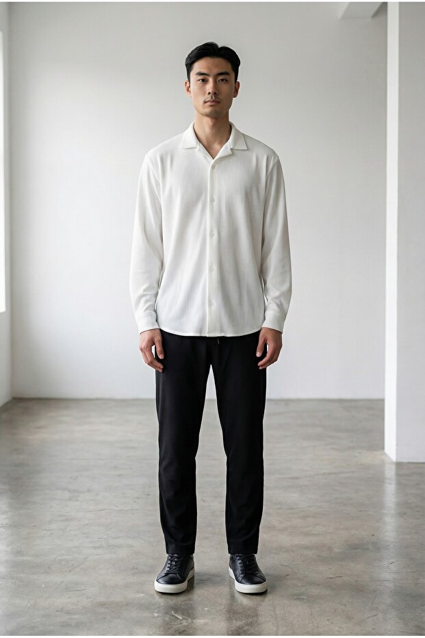 Men's White-Black Ottoman Long Sleeve Shirt Pants Tracksuit Set