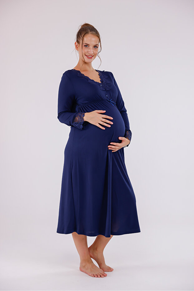 Navy Blue Lace Detailed Cotton Maternity Nightgown with Nursing Feature