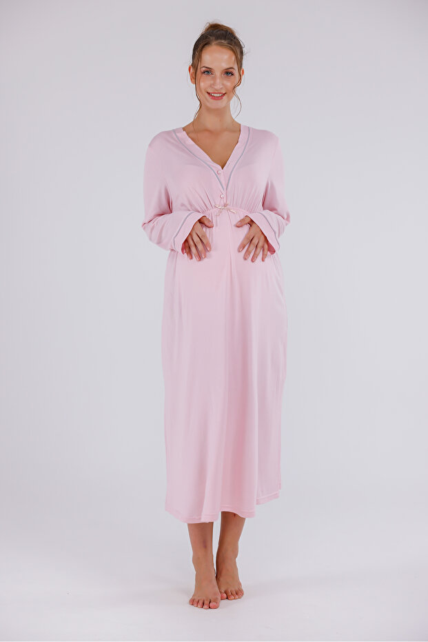 Powdered Lace Long Sleeve Cotton Maternity Nightgown