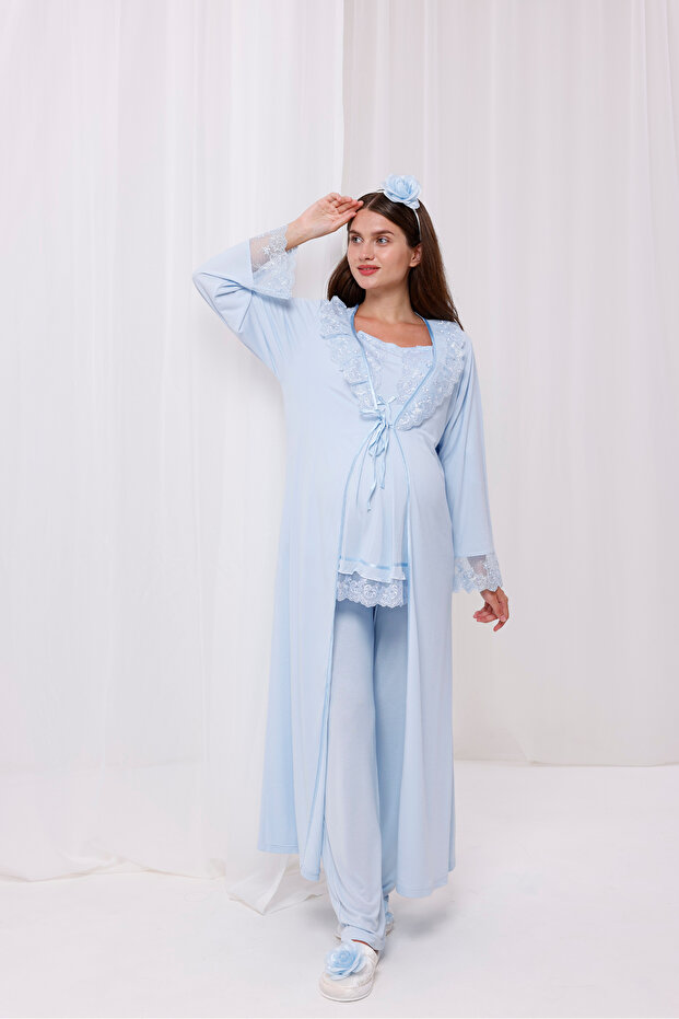 Blue Sleeve and Collar Lace Long Maternity Maternity Pajamas Set of 3