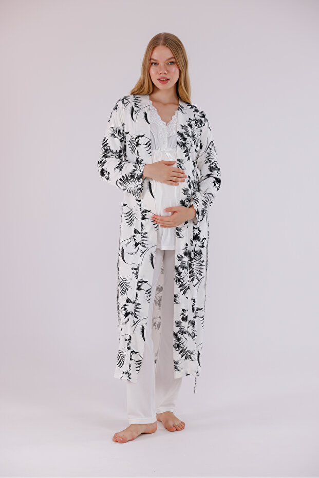 Ecru Patterned Lace Detailed Design Full Length Maternity Pajama Set with Dressing Gown, 3-Piece Maternity Pajama Set