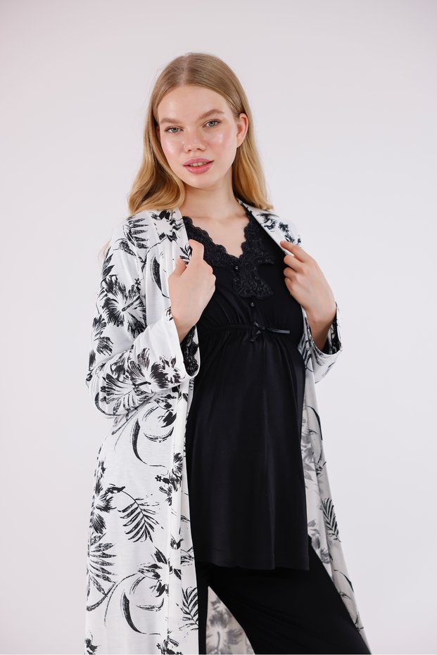 Black Patterned Lace Detailed Design Full Length Maternity Pajama Set with Dressing Gown, 3-Piece Maternity Pajama Set