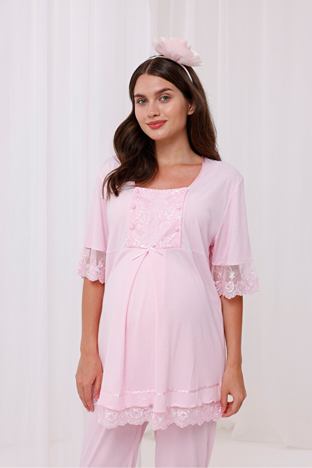 Powder Sleeve and Collar Lace Design Cotton Maternity Pajama Set