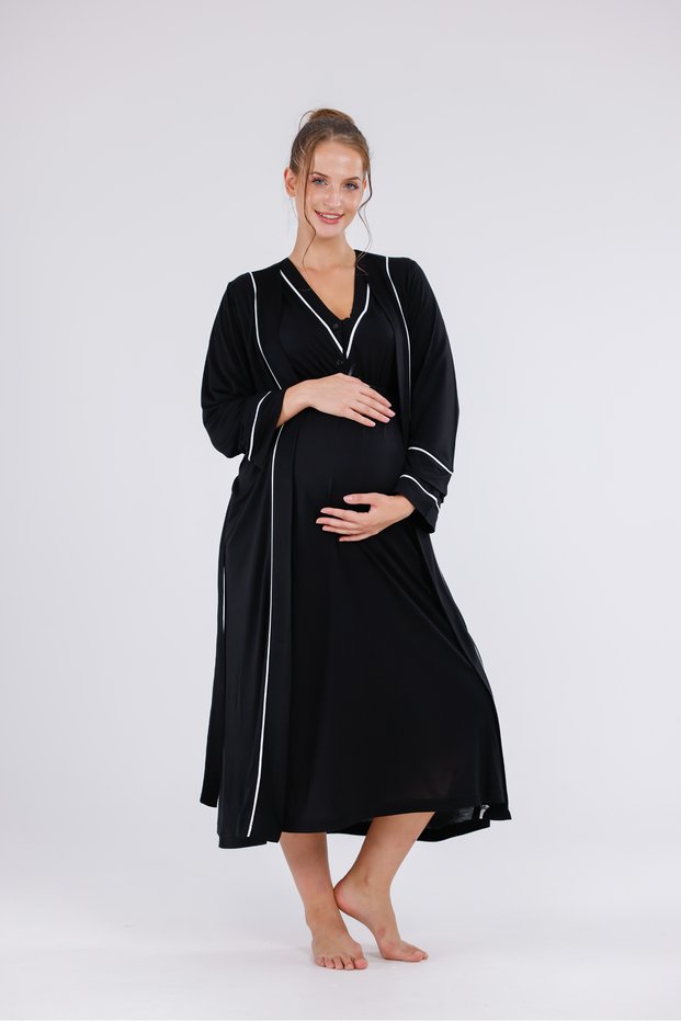 Black Piping Design Cotton Long Sleeve Maternity Nightgown-Dressing Gown Set of 2