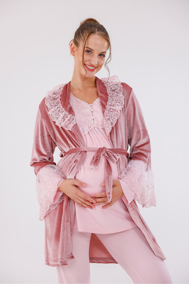 Powder Velvet Shawl Collar Lace Design Maternity Pajamas Set of 3