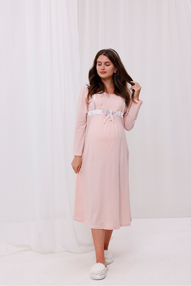 Powder Plaid Long Sleeve Maternity Nightgown with Breastfeeding Feature