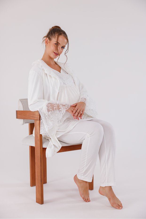 Ecru Velvet Shawl Collar Lace Design Maternity Dressing Gown 3-Piece Pajama Set