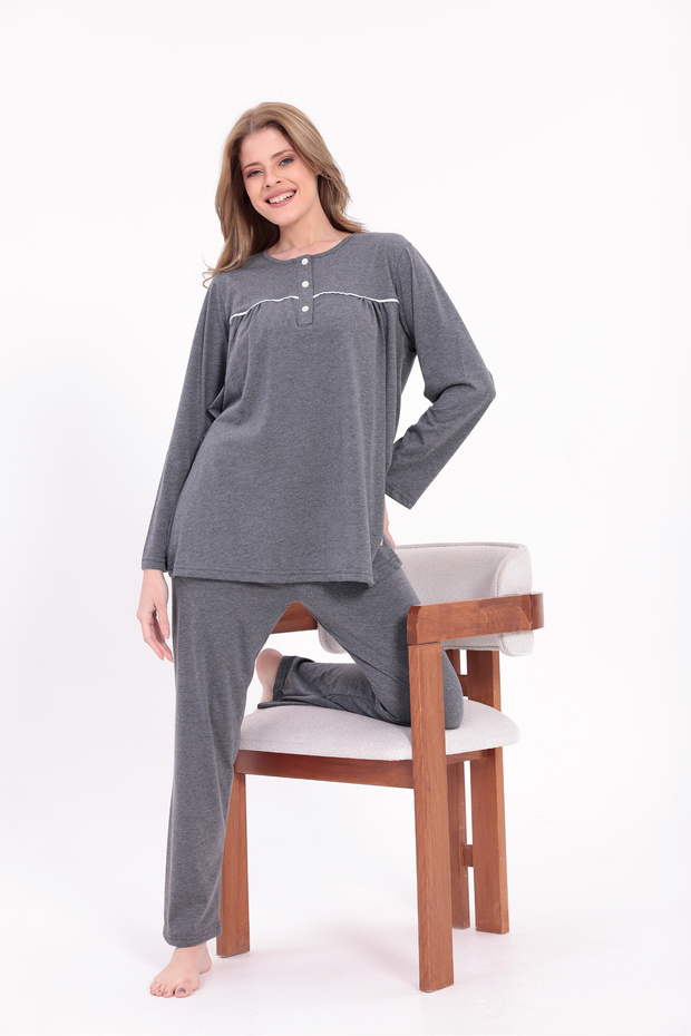 Women's Smoked Trim Long Sleeve Cotton Plus Size (Oversized) Pajama Set