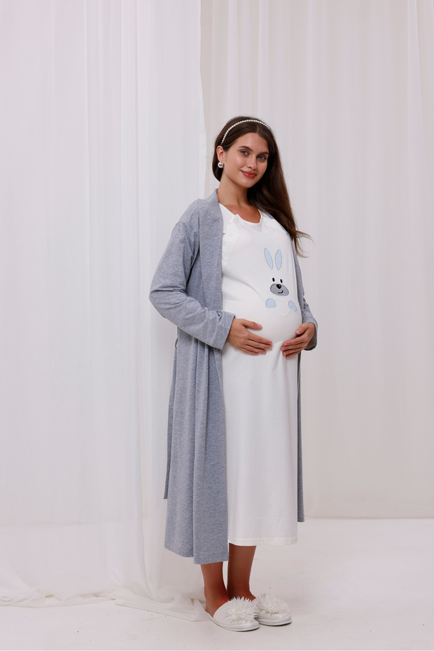 Blue Rabbit Patterned Cotton Long Sleeve Full Length Maternity Nightgown-Robe Set of 2