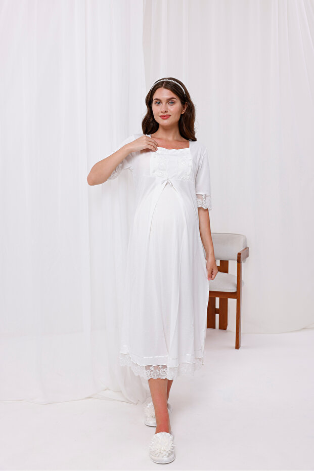 Ecru Sleeve and Collar Lace Design Maternity Nightgown