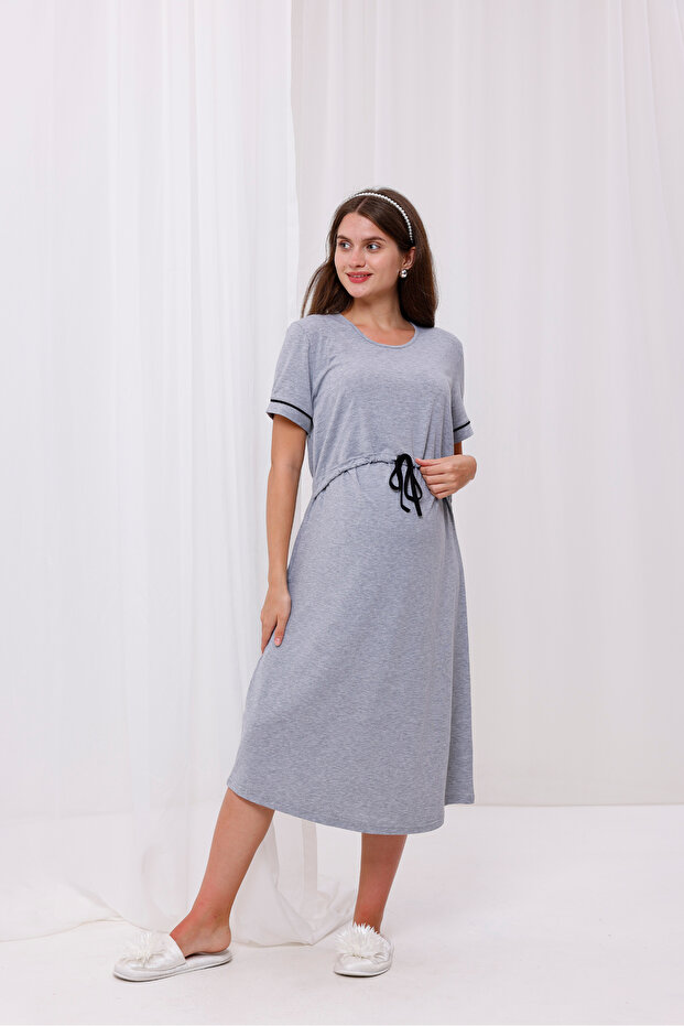Gray Melange Maternity Nightdress with Breastfeeding Feature