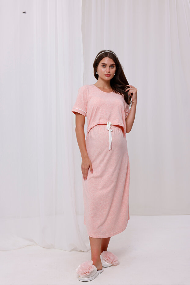 Pink Melange Maternity Nightgown with Breastfeeding Feature
