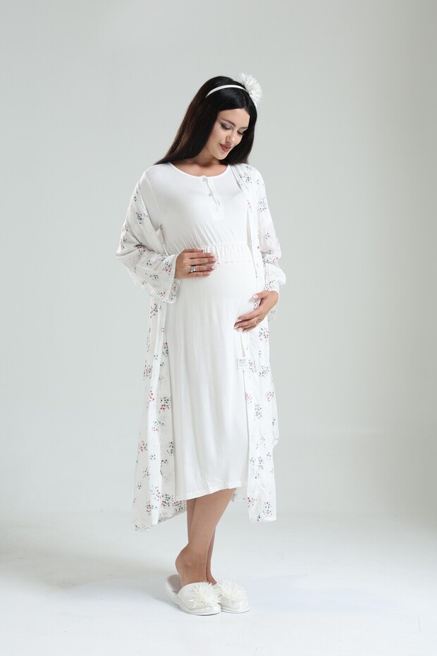 Ecru Floral Patterned Cotton Maternity Nightgown Maternity Nightgown-Dressing Gown Set Set