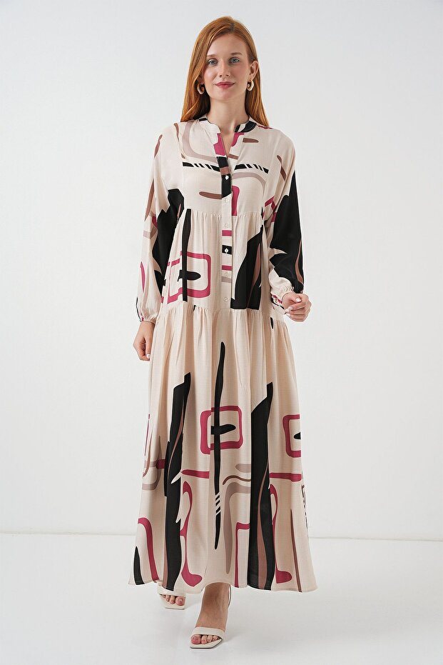 Bdart Buttoned V-Neck Patterned Maxi Dress - 3