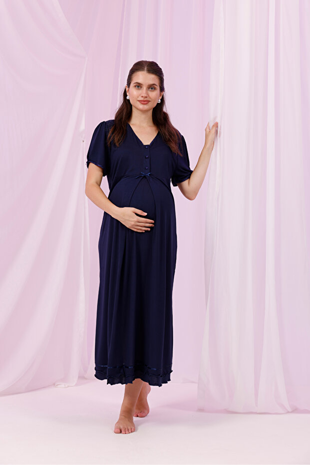 Navy Blue Ribbon Detailed Maternity Nightgown with Breastfeeding Features