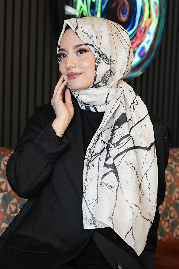 White Cotton Shawl - Marble Pattern - 1