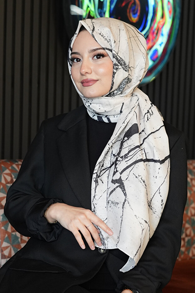 White Cotton Shawl - Marble Pattern - 5