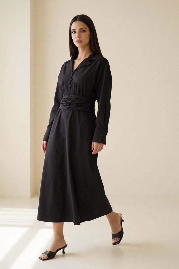 Black 100% Cotton Shirt Collar Waist Belt Detailed Relaxed Cut Midi Length Dress