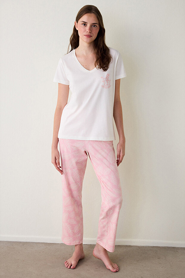 Mix Pink Floral Pattern Cotton V Neck Short Sleeve Pyjamas Set Pajama Set