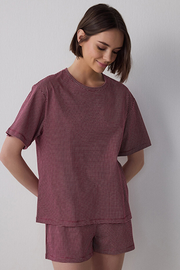 Bordeaux Freya Plaid Cotton Crew Neck Short Sleeve Shorts Pyjamas Set Pajama Set