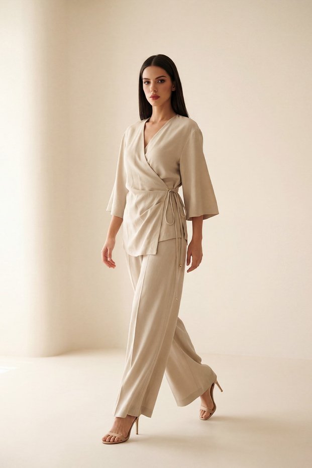 Beige Double-Breasted Closure Kimono with Accessory Detail and Relaxed Fit Pants Set