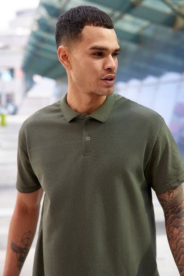 Khaki Sports Polo Collar Buttoned Cotton Casual Short Sleeve Regular Fit T-shirt