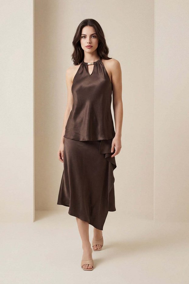 Milky Brown Satin Collared Blouse with Window Detail and Accessory Detail on the Strap